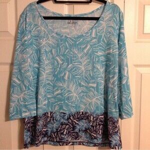 PALM GROVE Size 1X Turquoise Navy Blue Tropical Shirt Bling Pullover Crewneck